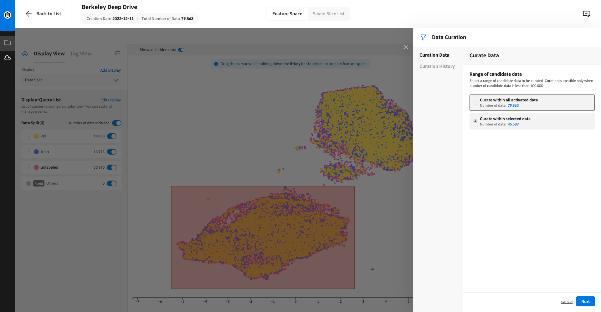 You can choose whether to curate the selected data or not.